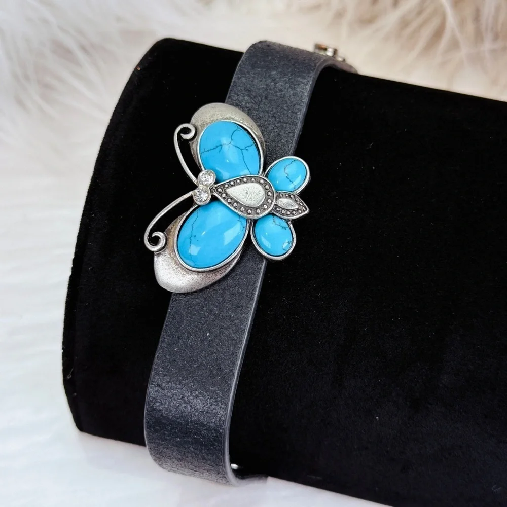Beautiful BoHo hippie chic butterfly, black leather adjustable bracelet